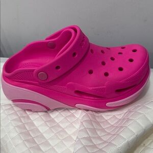 Pink platform crocs